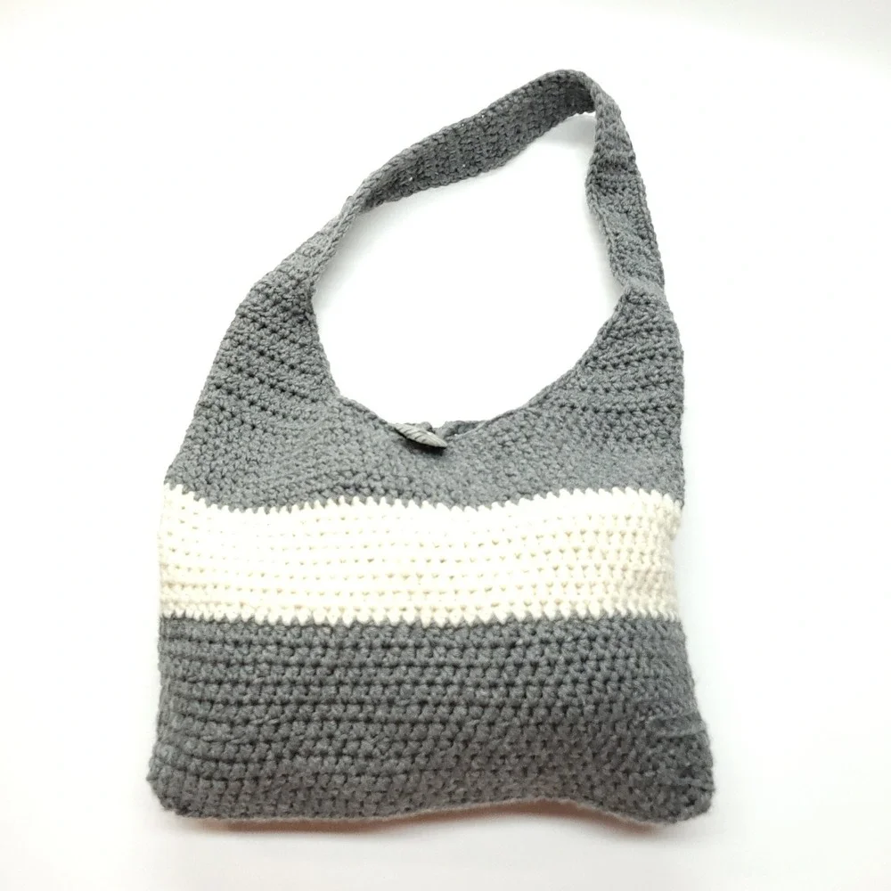 Handmade‎ Crochet Purse Gray Ivory Button Closure Hippie Boho Tote